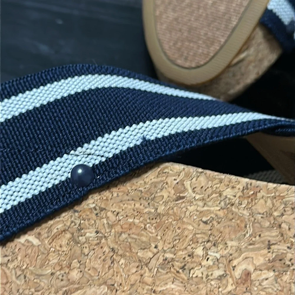 Lucky Brand Miller 2 Navy and White Striped Elastic Cross Strap Cork Wedges